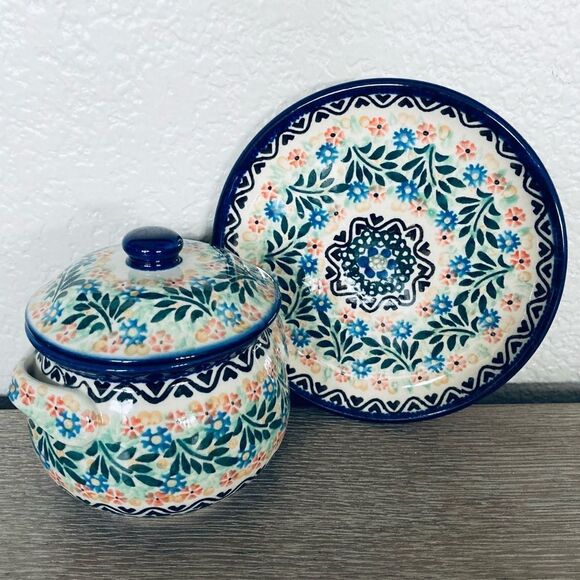 Boleslawiec Unikat Polish Pottery Ceramic Lidded Jar & Saucer Set - Picture 1 of 9